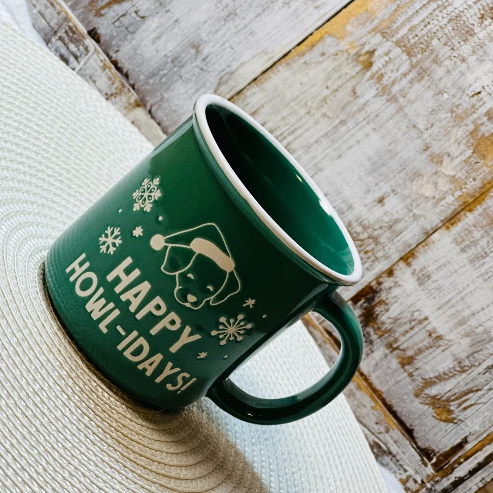Happy Howl-idays Christmas Puppy Dog Coffee Mug Cup Holiday Santa Snowflake‎